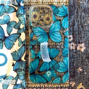 IPhone 13 Pro Loopy Case Blue Butterflies with finger loop